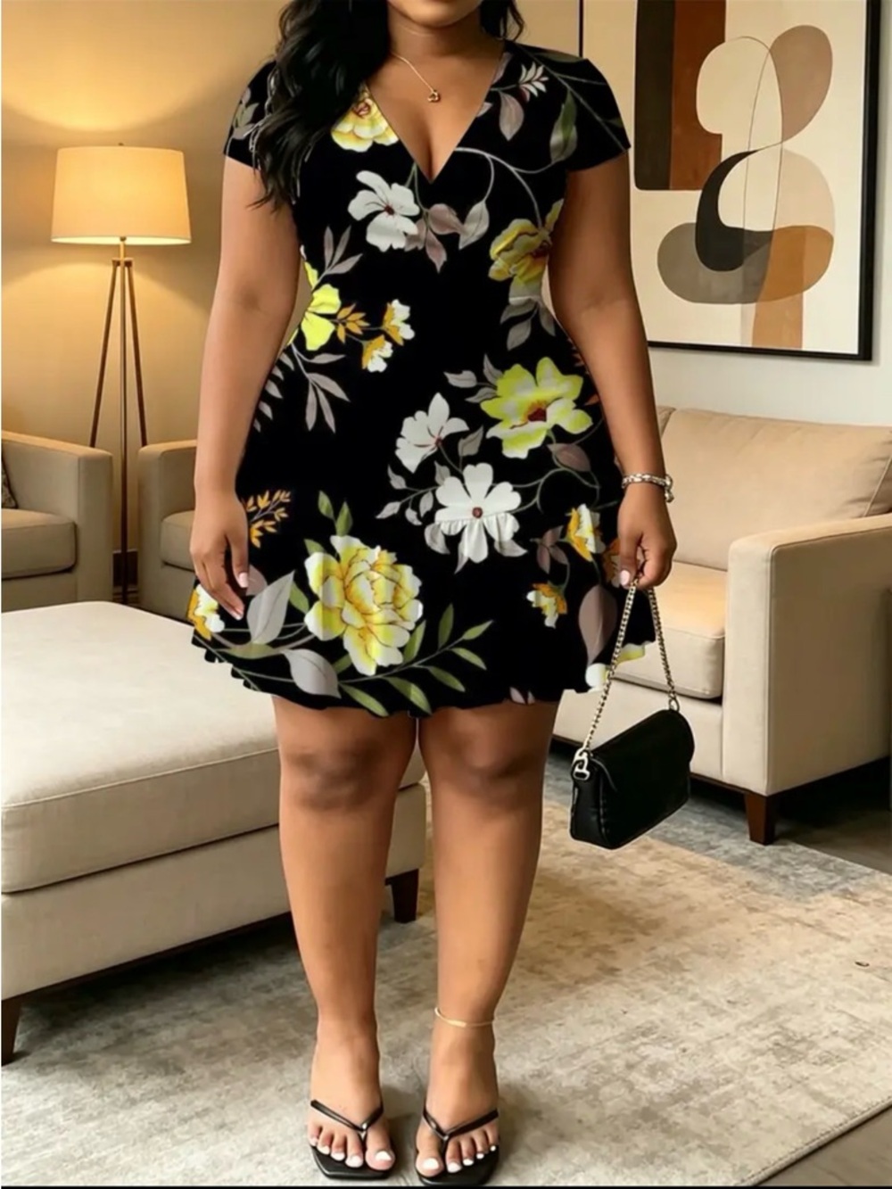 Floral Fit & Flare Mini Dress - Black with Yellow Floral